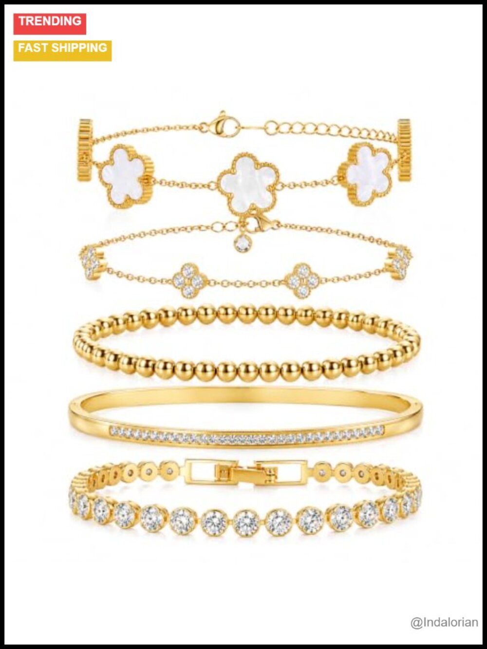 18K Gold Plated Clover Bracelet Set Adjustable Beaded Chain Stackable Jewelry
